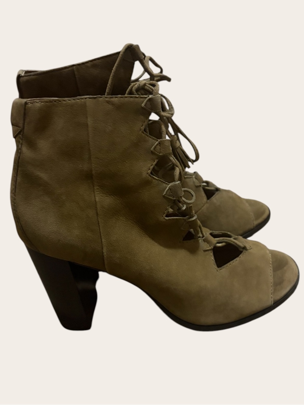 Frye Suede Lace Up Peep Toe Ankle Booties Heels Olive Khaki Women’s 7.5